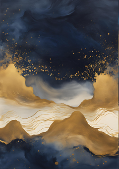 The fifth in a series of fluid abstract works in shade of navy, gold and white. These prints are designed to compliment each other as full set or as a stand-alone pieces.