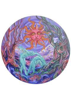 This work draws inspiration from fantasy literature, where imagined worlds become a lens for exploring timeless themes of connection and renewal. Loizou’s long-standing love of colour comes to the forefront, infusing the composition with a sense of enchantment and vitality. The figures, treated in a more dimensional and otherworldly way, embody love, movement, and fluid energy—dancing through a luminous space that feels both intimate and expansive.