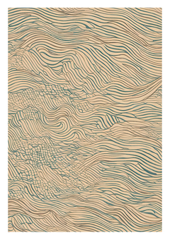 Flowing, rhythmic lines in an abstract wave like pattern with teal and earthy brown hues against a beige background to create a calming, natural aesthetic. Tranquillity and perfect neutrals.
