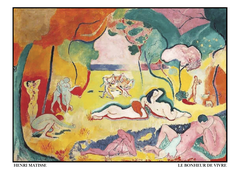 Henri Matisse's "Le Bonheur de Vivre" (1905–1906) is a vibrant celebration of joy and harmony, often regarded as one of the defining works of Fauvism. The painting depicts a pastoral scene where nude figures engage in leisurely activities—dancing, reclining, and embracing—within a dreamlike, radiant landscape. Matisse uses bold, non-naturalistic colours like vivid oranges, greens, and pinks to evoke emotion and emphasize the idyllic mood. The flowing, curvilinear forms of the figures and landscape merge seamlessly, creating a sense of unity and rhythm. This ground-breaking work captures Matisse’s vision of an Arcadian paradise, blending sensuality, movement, and the transformative power of colour.
