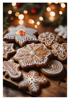 An assortment of festive gingerbread, intricately decorated with white icing. The background is softly blurred, featuring warm, glowing lights. Cosy, festive vibes perfect for the holiday season.