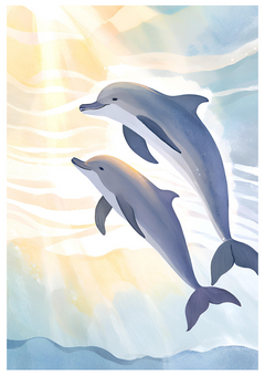 Two dolphins frolic in the sun, their playful figures reflected on a glassy sea surface.