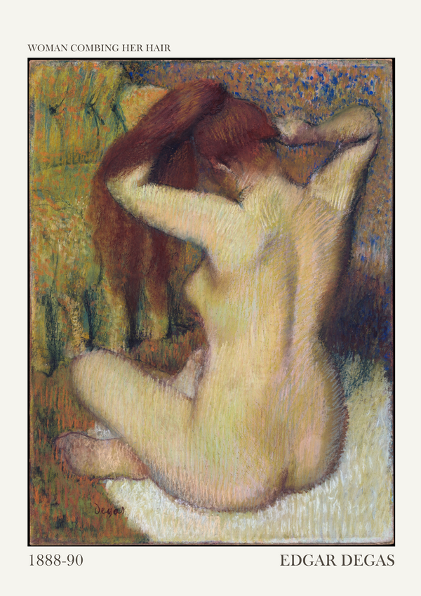 Woman Combing Her Hair by Edgar Degas is a captivating depiction of an intimate, everyday moment rendered with the artist's characteristic sensitivity to movement and form. The pastel artwork showcases a woman bent slightly forward as she combs her hair, her figure framed by dynamic, sweeping lines that convey a sense of natural grace. Degas's use of soft, blended pastels creates a delicate interplay of light and shadow, highlighting the textures of the woman's hair and the subtle curves of her body. The composition feels unposed and spontaneous, emphasizing Degas’s fascination with capturing fleeting, unguarded moments of modern life. This work reflects his deep interest in the private, unseen world, celebrating the beauty of routine and personal ritual.