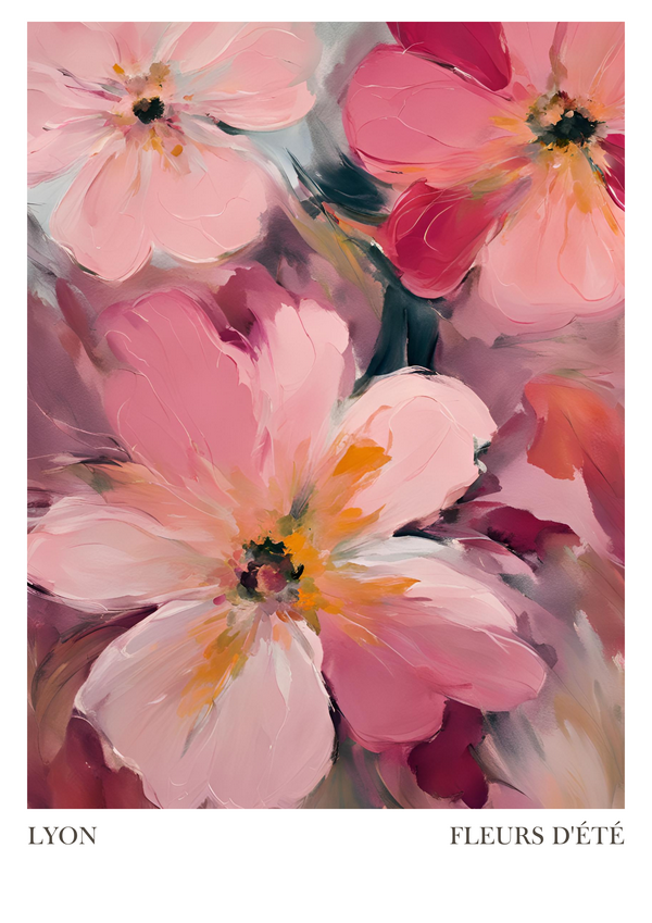 This print is all about the vibrant essence of summer featuring a lush display of blooming flowers in shades of pink, blush, and deep coral. The composition is filled with large, expressive petals, touches of yellow and orange at the centres add a lively contrast, bringing the flowers to life against a background of muted mauve and purple. With the words “LYON” and “FLEURS D’ÉTÉ” elegantly displayed below, this piece evokes the charm of a sun-drenched garden in full bloom.