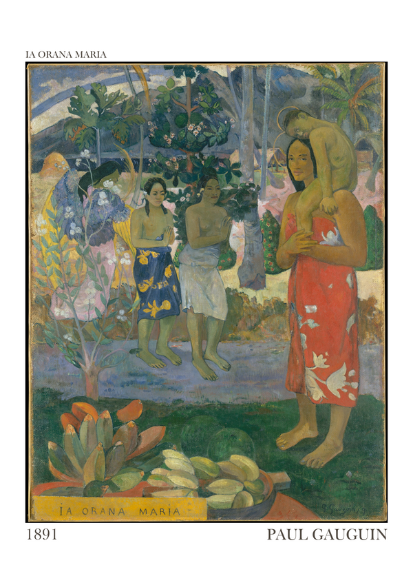 La Orana Maria (Hail Mary) by Paul Gauguin is an oil painting created in 1891 during Gauguin's first visit to Tahiti. The artwork blends Christian iconography with Polynesian culture, illustrating Gauguin’s fascination with the island’s people and their way of life. In this painting, Gauguin portrays the Virgin Mary and the Christ Child with distinctly Polynesian features, dressed in traditional Tahitian attire. Mary is shown with a blue and red wrap around her, while holding the infant Jesus. The figures are surrounded by two women in traditional pareo garments, who are depicted with hands in prayer, paying homage to the sacred scene. The backdrop features a lush, tropical landscape, rich with vibrant green foliage, bright flowers, and the warm colors characteristic of Tahitian nature. This combination of sacred imagery and local culture showcases Gauguin’s attempt to merge Western religious themes with the exotic mysticism he found in Tahiti, creating an intriguing synthesis of spiritual and earthly elements. The painting exemplifies Gauguin’s Post-Impressionist style, using bold colours, simplified forms, and symbolic elements to evoke emotion and spiritual resonance.