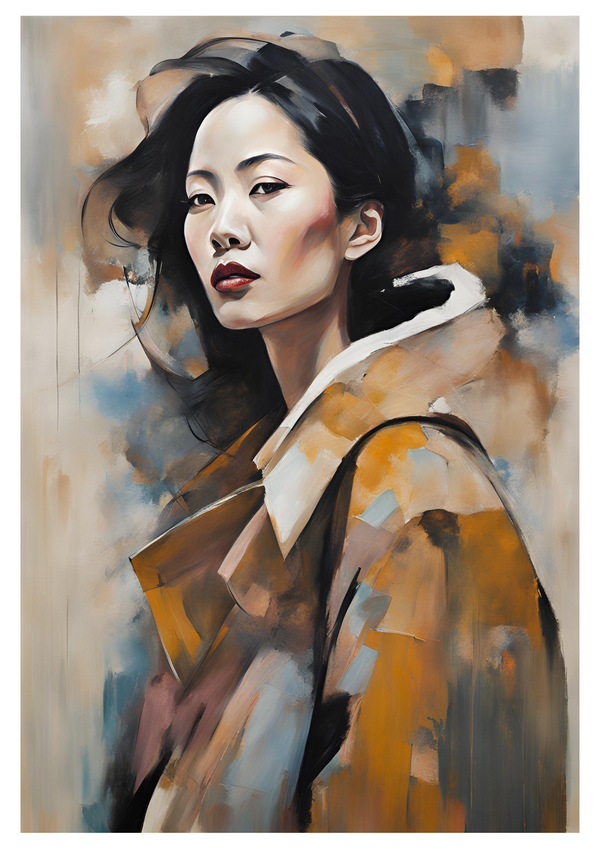 Bold brushstrokes and earthy tones have been used to create a striking and dynamic portrait of a woman. The blending of the main image into the background emphasises the intense look further and transports you to a moment where time and the world stops for someone.