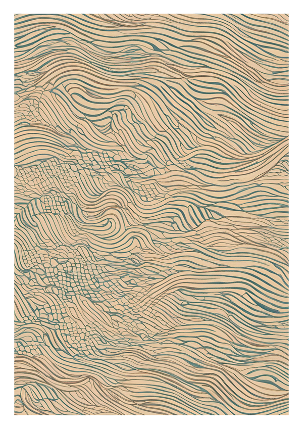 Flowing, rhythmic lines in an abstract wave like pattern with teal and earthy brown hues against a beige background to create a calming, natural aesthetic. Tranquillity and perfect neutrals.