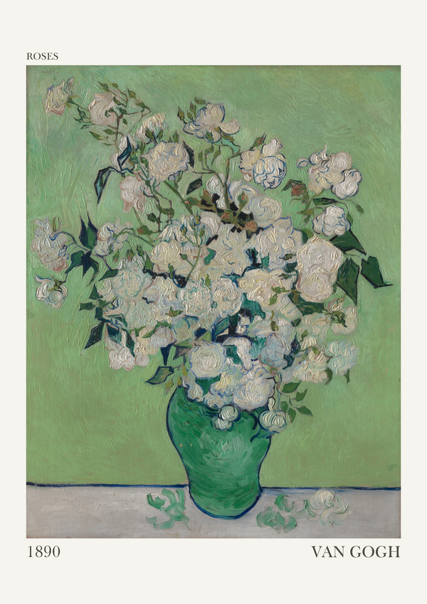 This painting is a beautiful still-life work that captures Van Gogh's fascination with nature and his distinctive use of colour and brushwork. Painted in May 1890 during Van Gogh’s stay at the asylum in Saint-Rémy-de-Provence, "Roses" was one of the final pieces he created before moving to Auvers-sur-Oise. The painting is notable for its vivid, life-affirming qualities, symbolizing hope and renewal. The composition consists of a lush bouquet of white roses arranged in a green vase. The flowers are rendered with loose, expressive brushstrokes. Initially these roses were believed to have been more vibrant in colour, possibly with hints of pink or pale tones that have faded over time, now appearing as creamy whites and soft greens. The background, in muted green tones, compliments the flowers.