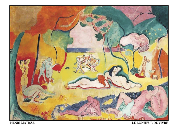 Henri Matisse's "Le Bonheur de Vivre" (1905–1906) is a vibrant celebration of joy and harmony, often regarded as one of the defining works of Fauvism. The painting depicts a pastoral scene where nude figures engage in leisurely activities—dancing, reclining, and embracing—within a dreamlike, radiant landscape. Matisse uses bold, non-naturalistic colours like vivid oranges, greens, and pinks to evoke emotion and emphasize the idyllic mood. The flowing, curvilinear forms of the figures and landscape merge seamlessly, creating a sense of unity and rhythm. This ground-breaking work captures Matisse’s vision of an Arcadian paradise, blending sensuality, movement, and the transformative power of colour.