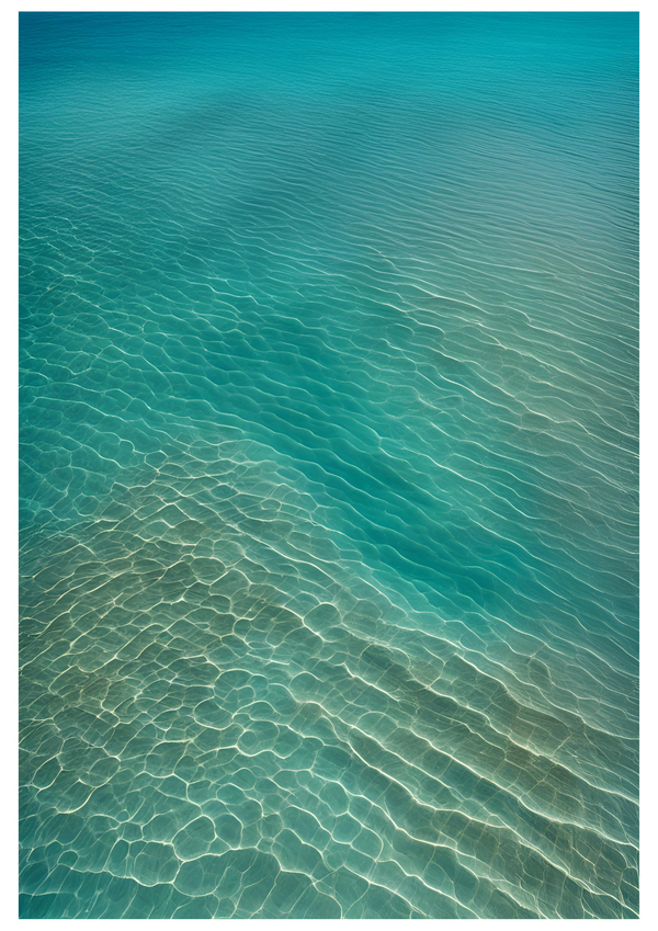 Crystal-clear turquoise waters, with sunlight highlighting patterns of ripples and reflections on the surface in gentle gradients of blue and green. A sense of serene only the sea can give.
