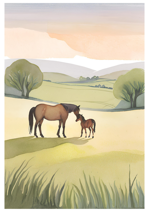 A tender moment between the mother and foal as they watch the sunset together.