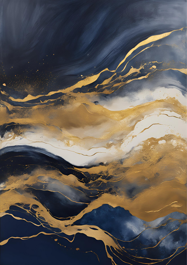 The first in a series of fluid abstract works in shade of navy, gold and white. These prints are designed to compliment each other as full set or as a stand-alone pieces.