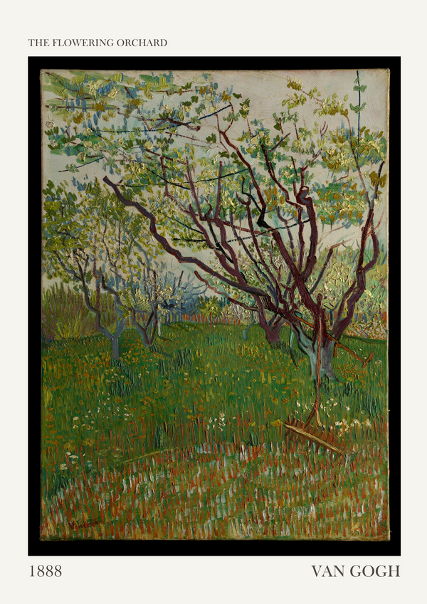 This artwork, The Flowering Orchard by Vincent van Gogh, depicts a serene orchard in full bloom, capturing the vibrant energy of spring. Painted in 1888, it features twisted, dark branches adorned with delicate white blossoms, set against a backdrop of lush green grass speckled with colorful wildflowers. Van Gogh's dynamic brushstrokes give the scene a sense of movement and texture, while the soft pastel sky contrasts with the earthy tones of the orchard. The composition radiates vitality and tranquillity, showcasing Van Gogh's deep admiration for nature and his ability to transform ordinary landscapes into vivid, emotional experiences.