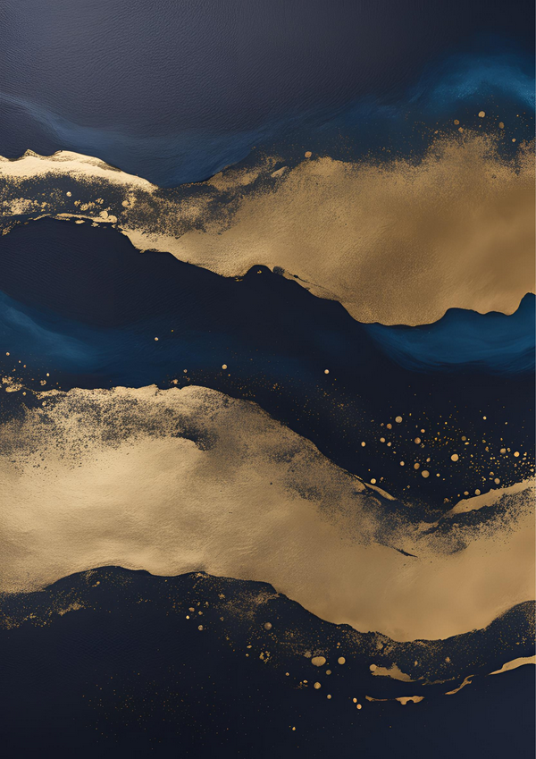 The fourth in a series of fluid abstract works in shade of navy, gold and white. These prints are designed to compliment each other as full set or as a stand-alone pieces.