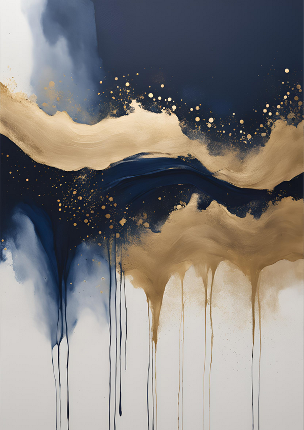 The third in a series of fluid abstract works in shade of navy, gold and white. These prints are designed to compliment each other as full set or as a stand-alone pieces.