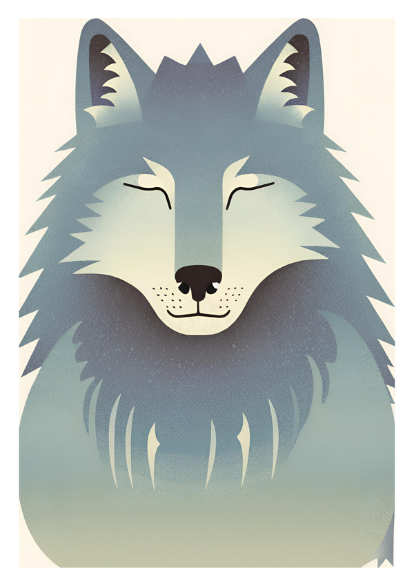 Challenge stereotypes with this friendly wolf. With bold graphic grey shapes against a pale background and a smile that says friend not foe this wolf is ready for your wall.