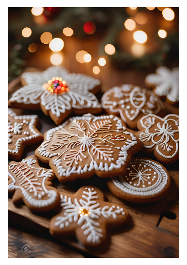 An assortment of festive gingerbread, intricately decorated with white icing. The background is softly blurred, featuring warm, glowing lights. Cosy, festive vibes perfect for the holiday season.