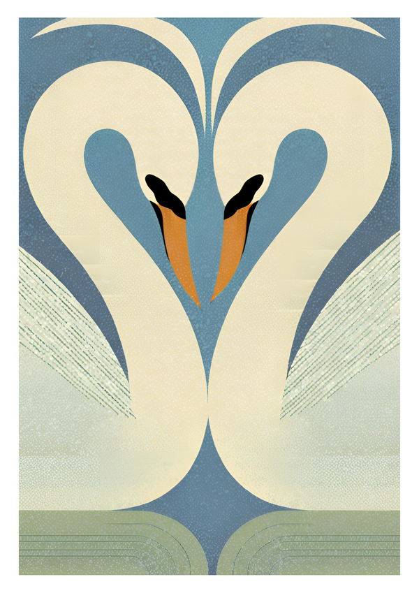 This retro-inspired piece features a pair of stylized swans, gracefully mirrored to form a heart-like shape with their necks and heads, symbolizing unity and love. With soft tones of cream, muted blue, and sage green.