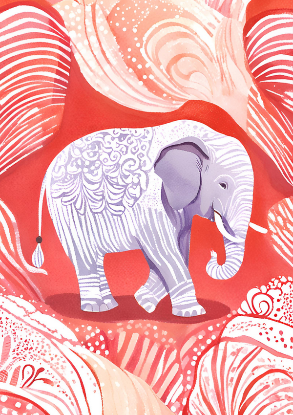 An adorable journey with an elephant amidst whimsical waves and flurries of color.