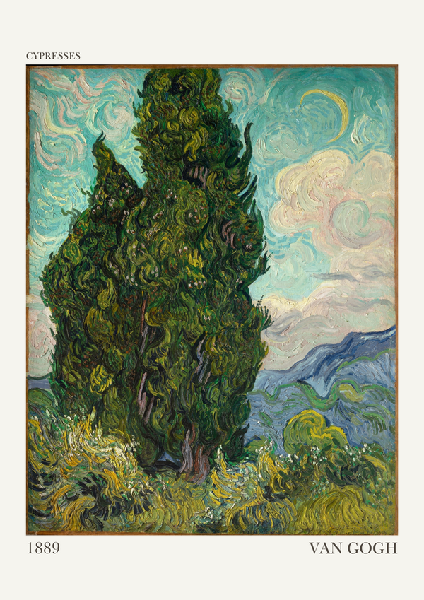 Cypresses by Vincent van Gogh is a striking landscape painting that embodies the artist’s emotional connection to nature. Dominated by towering cypress trees that twist upward with an almost flame-like motion, the composition conveys both vitality and melancholy. The swirling sky, painted with bold strokes of blue, white, and yellow, creates a dynamic contrast to the rich green and dark tones of the trees. Van Gogh’s signature impasto technique adds texture and movement, giving the scene an almost dreamlike intensity. The painting captures the artist’s fascination with cypresses as symbols of eternity and spirituality, reflecting his deeply personal exploration of the natural world and its profound emotional resonance.