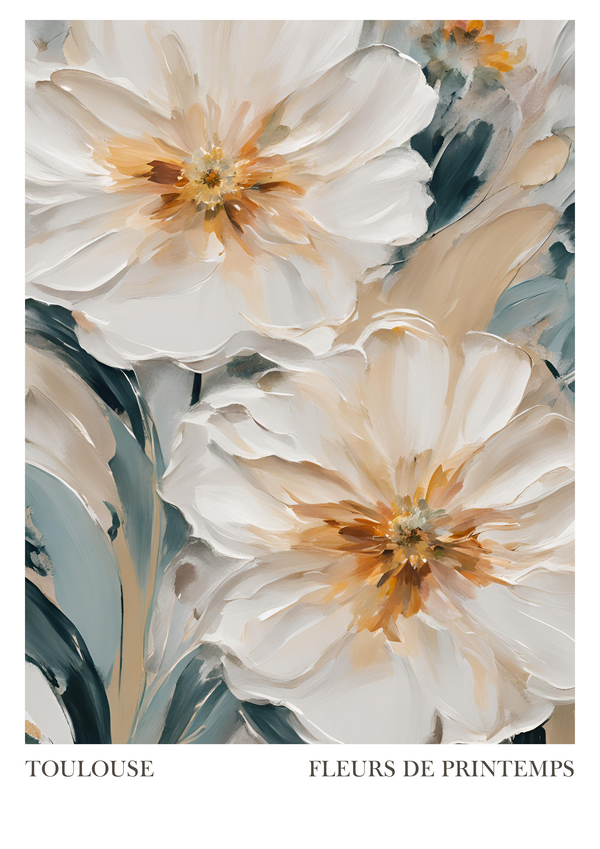 This print showcases a beautiful, close-up floral painting. The composition centres on large, delicate flowers in shades of creamy white, beige, and warm golden hues, contrasted by cool green and muted blue leaves in the background. The brushstrokes give a gentle, impressionistic texture, creating a sense of natural elegance and tranquillity. The text at the bottom reads “TOULOUSE” on the left and “FLEURS DE PRINTEMPS” on the right, adding a refined, vintage touch that evokes the charm of classic French botanical art. Perfect for adding warmth and sophistication to any space.