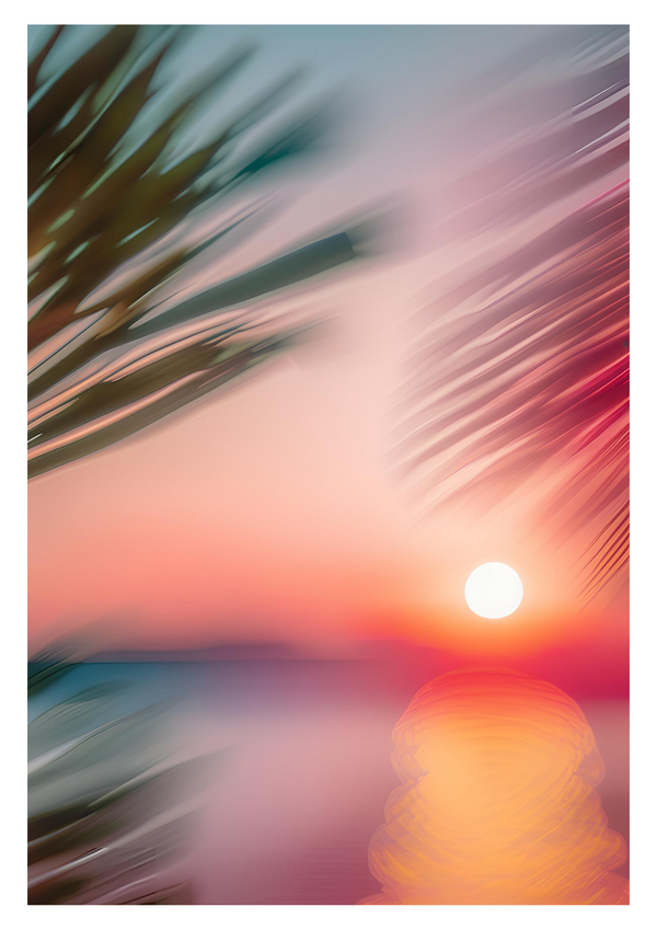 Capture the magic of Ibiza Sunsets. The image shows blurred palm fonds framing a glowing sun over the sea showcasing Ibiza's famous sunsets in shades of oranges, purples and pinks.
