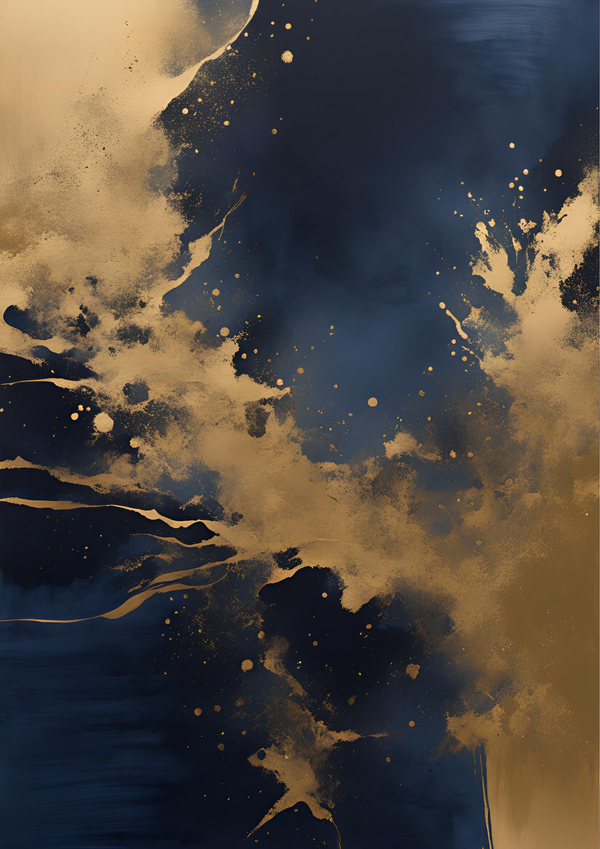 The second in a series of fluid abstract works in shade of navy, gold and white. These prints are designed to compliment each other as full set or as a stand-alone pieces.