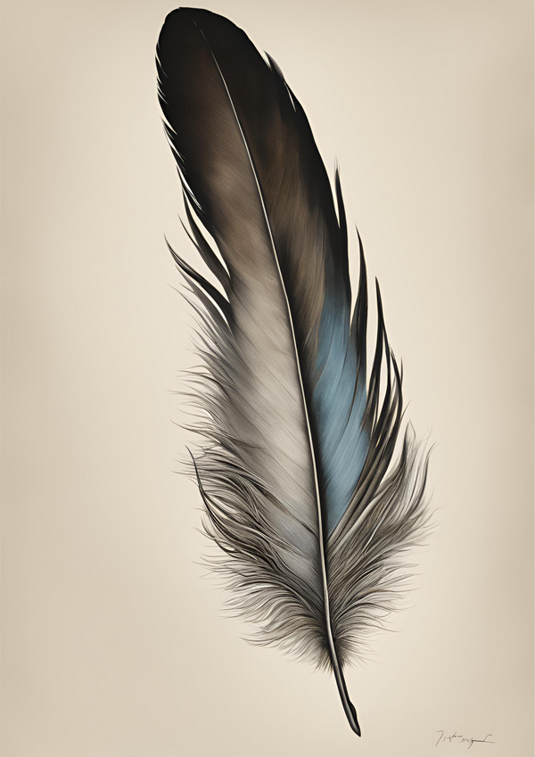 A close study of a feather. Black, grey and turquoise against a complimentary cream background. The feather can represent messages from the divine, lightness and letting go, positive omens and spiritual growth. Whether meaningful or not to you this image will enhance any space.