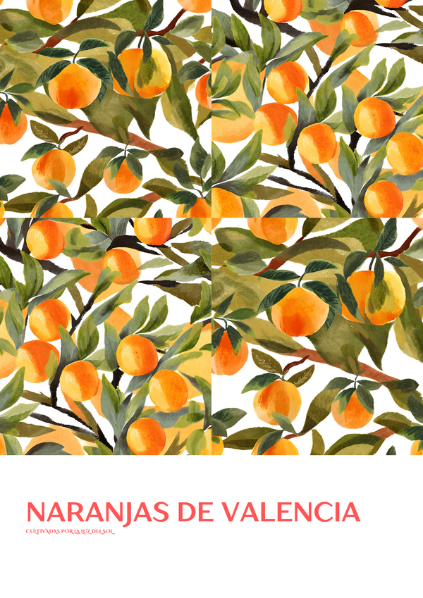 A vibrant depiction of a traditional orange grove in the sun-kissed lands of Valencia.