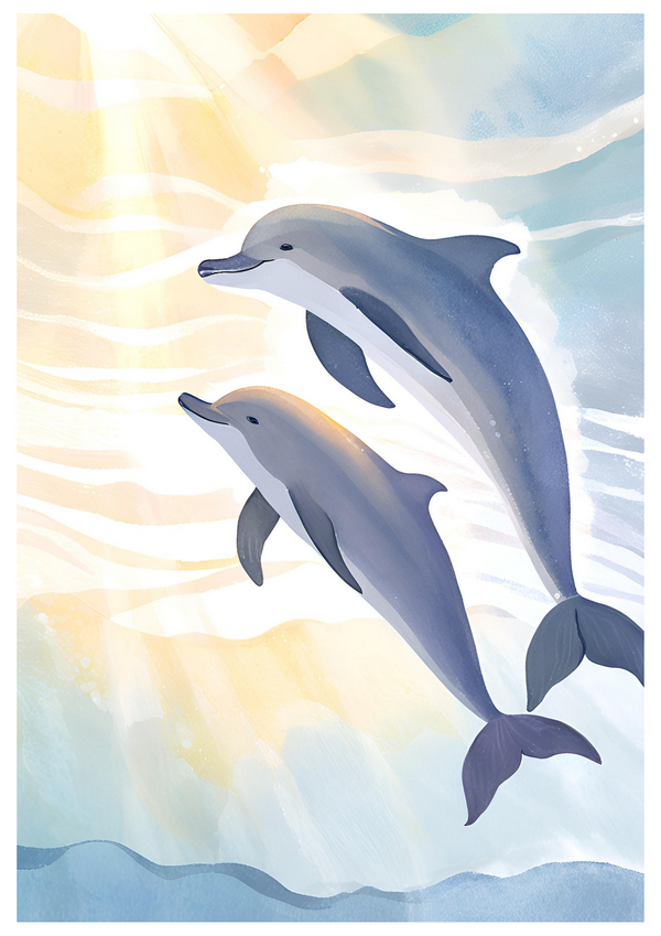 Two dolphins frolic in the sun, their playful figures reflected on a glassy sea surface.
