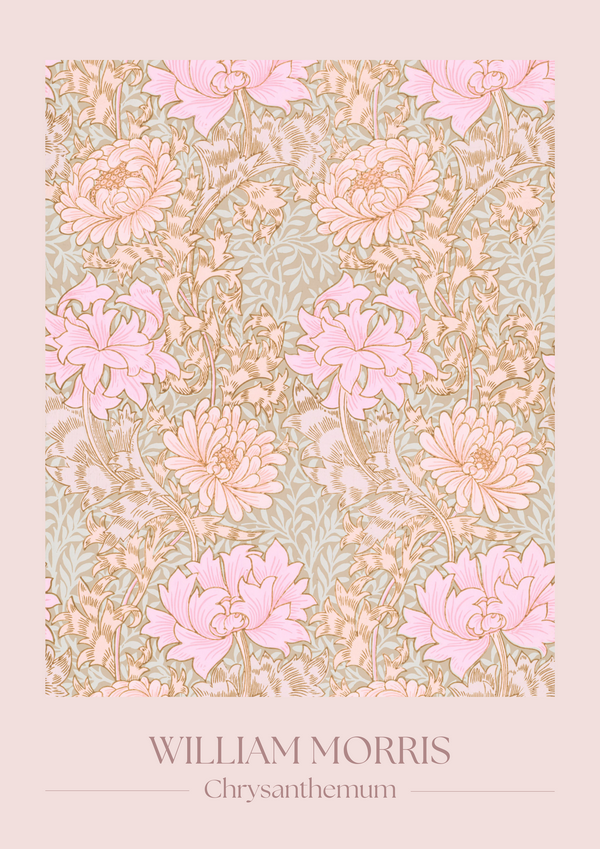 Vintage floral wall art in pink, green, and gold on a beige backdrop.